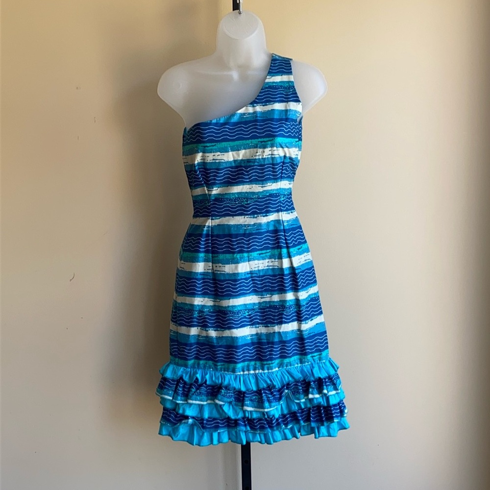 Vintage 50s 60s Broadcloth Dress Blue Pattern One Shoulder Hawaiian Resort